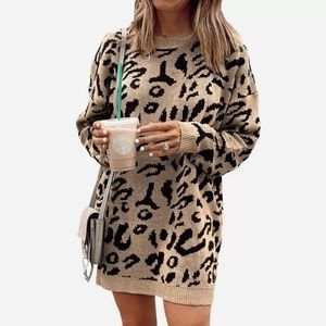 Women's Leopard Print Long Sleeve Sweater Dress- Light Brown/ Black